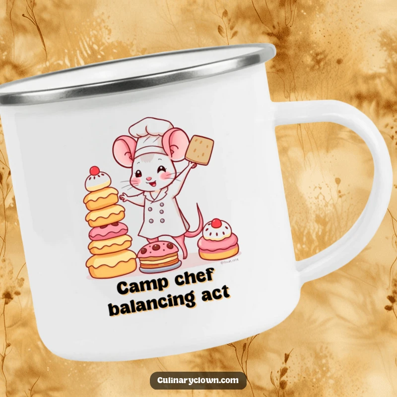 Funny Kawaii Mouse Chef Camping Mug: A cute mouse chef balancing a tall tower of pastries, designed for rugged outdoor coffee breaks.
