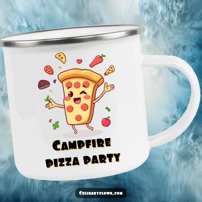 Funny Camping Mug with a cheerful pizza slice character juggling ingredients, designed for cheerful sipping during outdoor adventures.