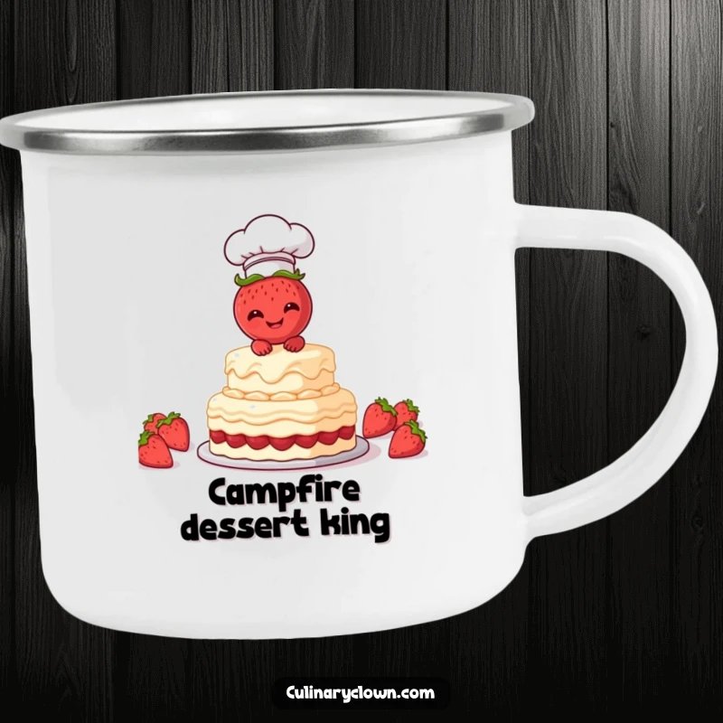 Funny Camping Mug featuring a strawberry chef character frosting a cake, ideal for enjoying beverages with baking humor outdoors.
