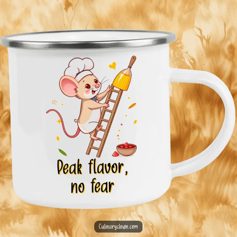 Funny mouse chef camping mug with a brave character climbing a ladder for spices, perfect for outdoor enthusiasts.