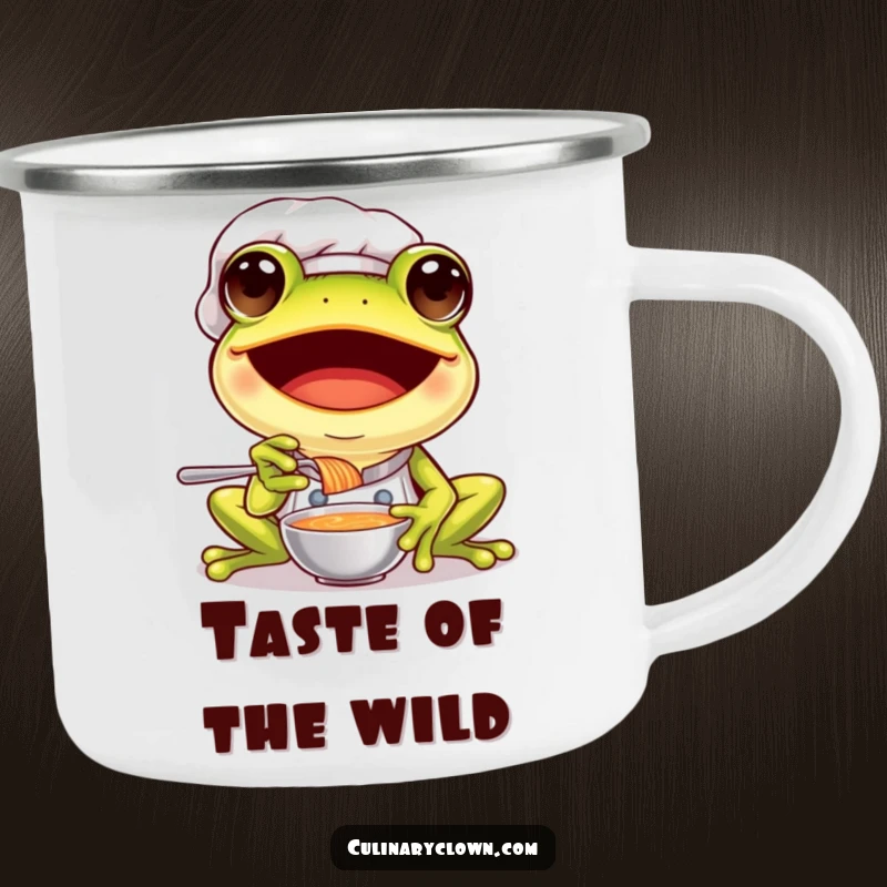 Funny frog chef camping mug showing a joyful frog in chef attire, excitedly tasting a spoonful of soup in a natural setting.