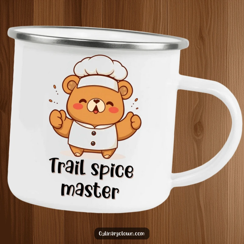 Funny kawaii bear chef triumphantly sprinkling seasoning on a durable camping mug, ready for flavorful outdoor breaks.