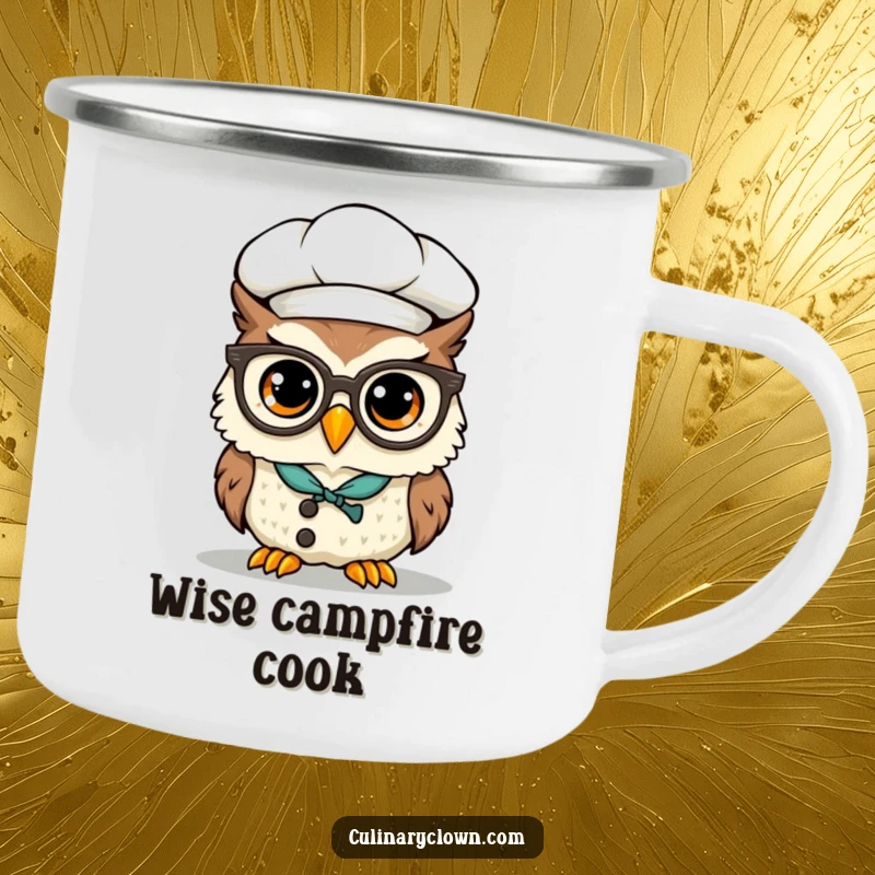 Funny Kawaii Owl Chef Camping Mug: A cute, wise owl chef with spectacles precariously on its beak, perfect for outdoor drinks.