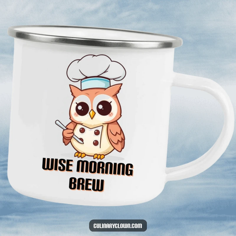 Funny Kawaii Owl Chef Camping Mug: Cute owl chef ready for the outdoors, perfect for trailside coffee.