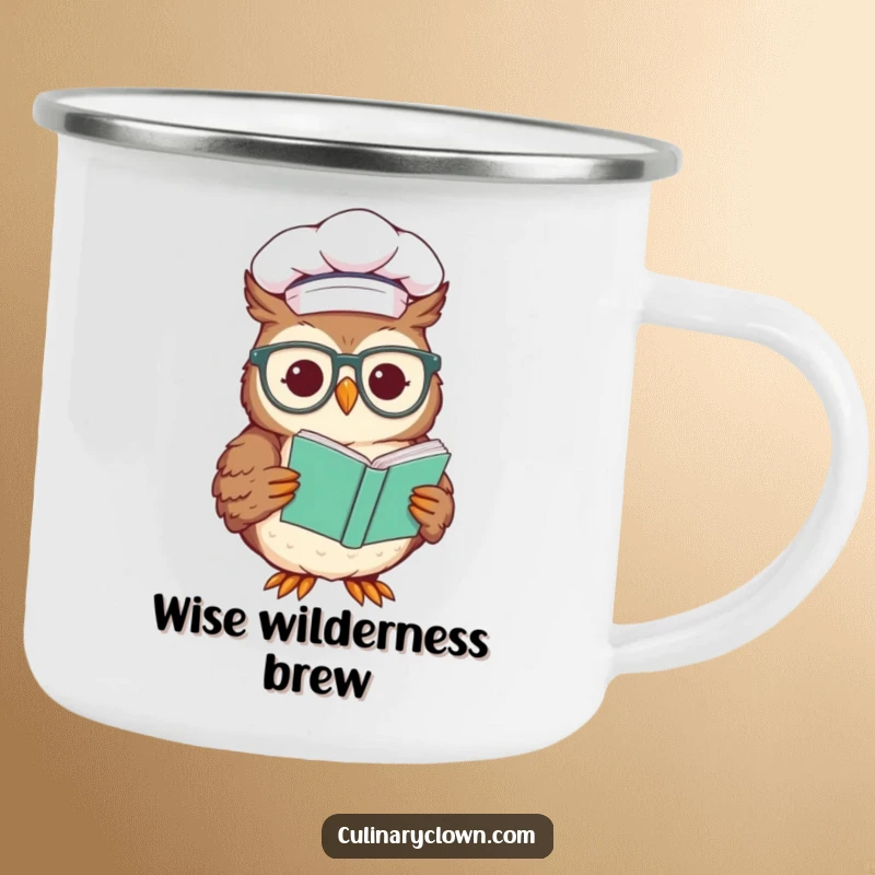 Funny camping mug with a wise chef owl wearing glasses and reading a recipe, perfect for outdoor culinary humor.