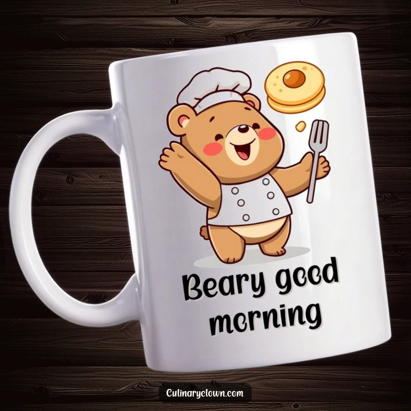 Funny mug featuring a happy bear chef playfully tossing a pancake high in the air, ready for a delicious breakfast.