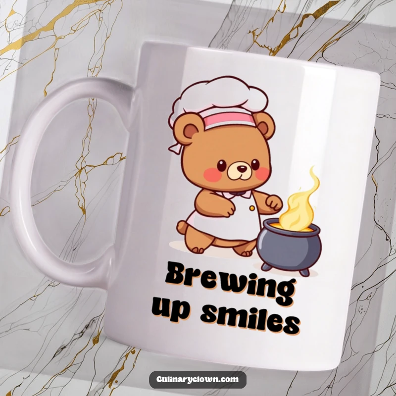 Cute bear chef character wearing a chef hat and stirring a bubbling cauldron, a charming funny mug.