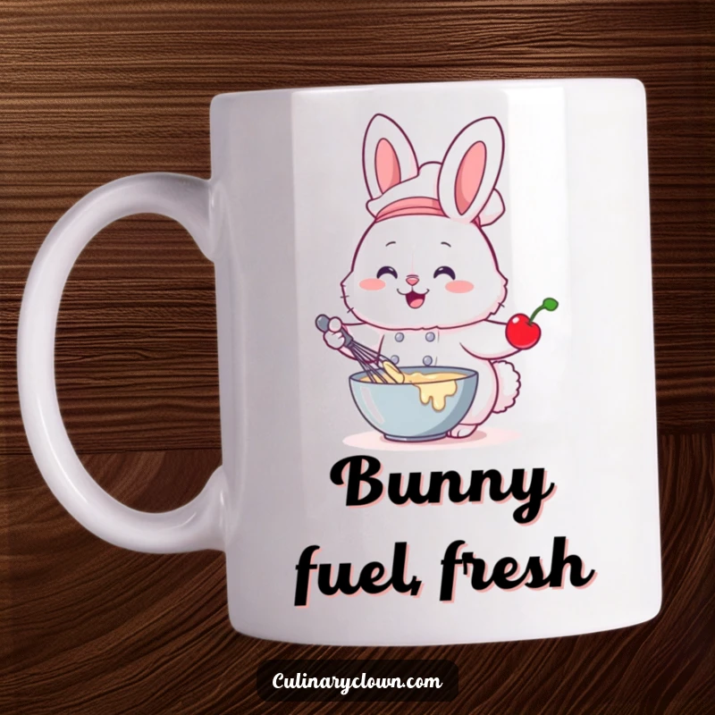 Funny mug featuring a fluffy bunny chef happily whisking batter with a cherry, embodying joyful baking.
