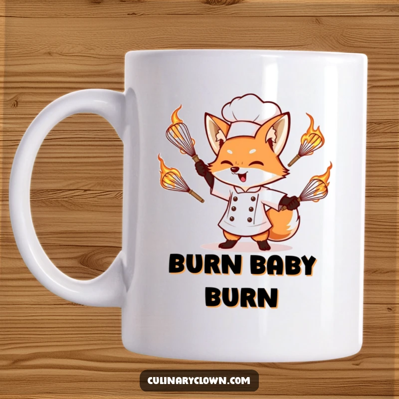 Funny fox chef mug featuring a determined red fox masterfully juggling glowing, flaming whisks with intense concentration.