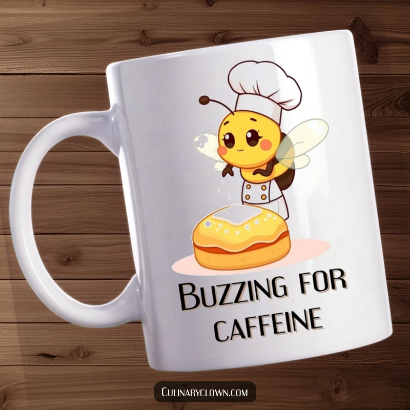 Funny buzzing bee chef in a tall hat, sprinkling sugar onto a pastry, on a mug, for sweet moments.