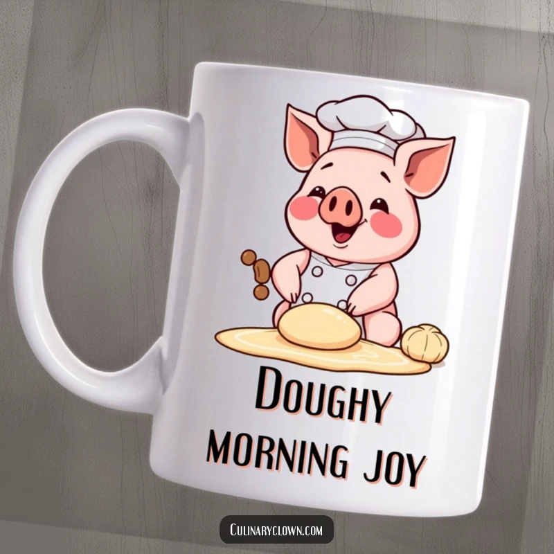 Funny chef pig mug, happily kneading dough with a joyful expression, embodying the spirit of baking.