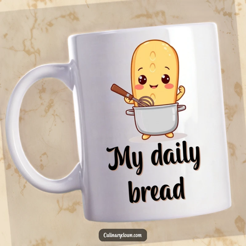 Funny Mug featuring a playful baguette character with bright eyes, enthusiastically stirring a pot with a whisk, ready for a culinary adventure.
