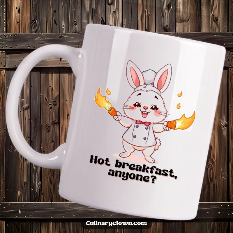 Funny fluffy bunny chef character intensely concentrating while juggling flaming carrots, a hilarious funny mug.