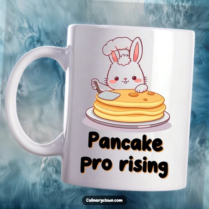 Funny mug showing a cute, fluffy bunny chef skillfully flipping a huge pancake with a spatula, looking proud.