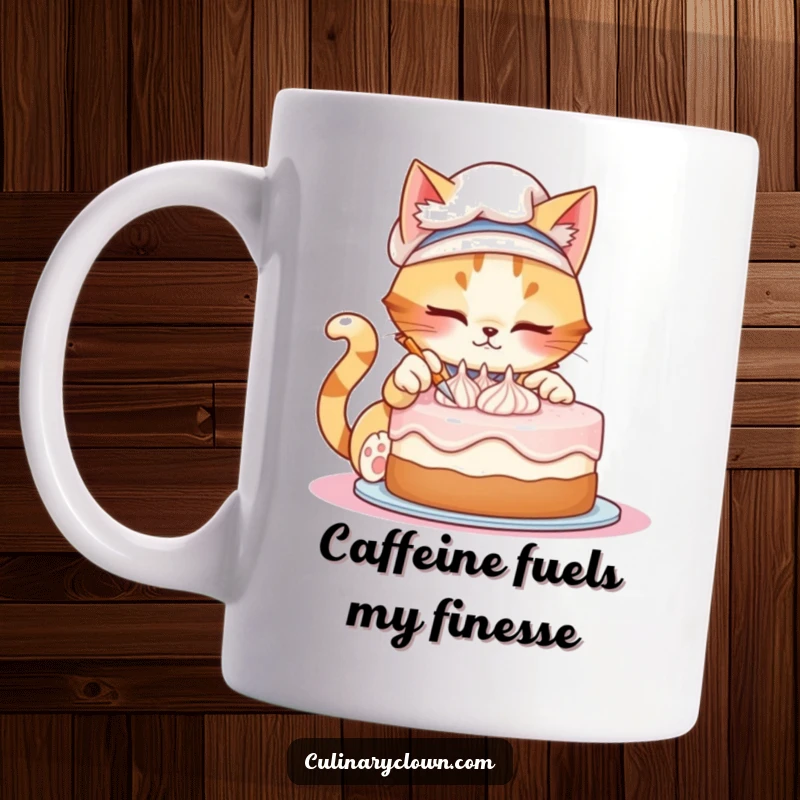 Funny cat chef mug with a mischievous feline artist meticulously frosting a cake with tiny, perfect swirls.