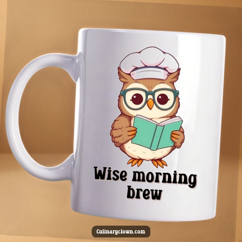 Funny chef owl mug, smiling and wearing glasses while reading a recipe, embodying culinary wisdom and humor.