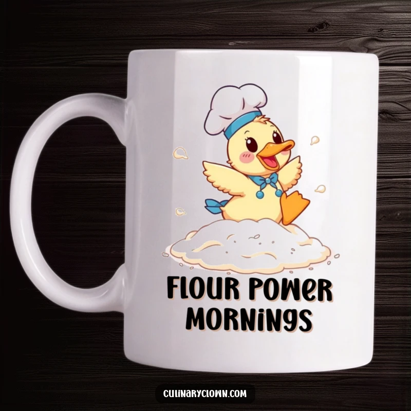 Funny Duck Chef Mug: A happy duck chef joyfully tumbling in a white pile of flour.