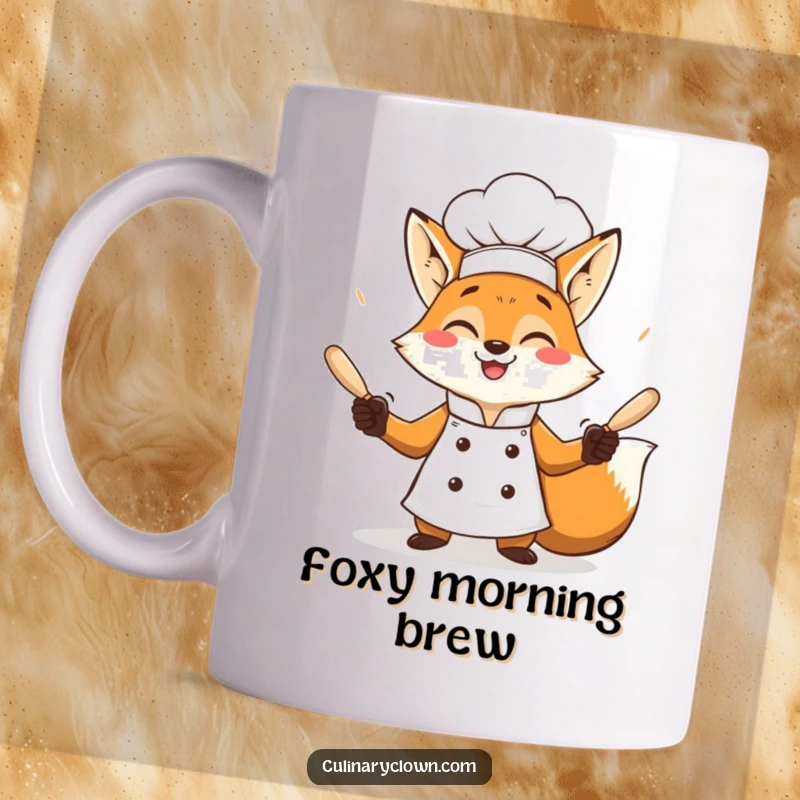 Funny cheerful fox chef happily juggling rolling pins with a wide grin.