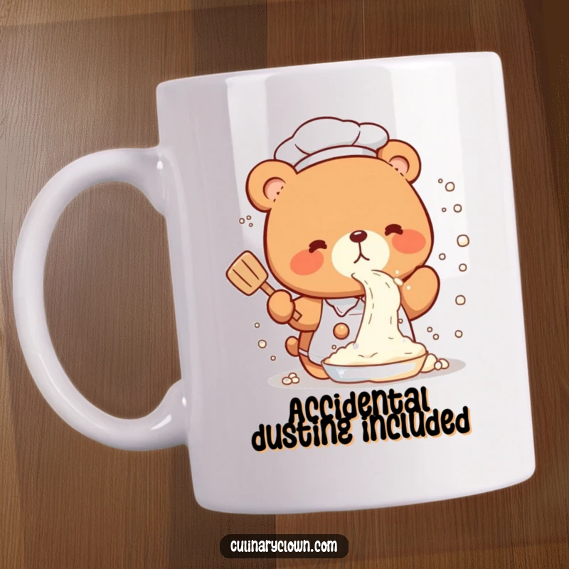 Funny Mug featuring a cute kawaii bear chef accidentally spraying flour everywhere, creating a comical kitchen scene.