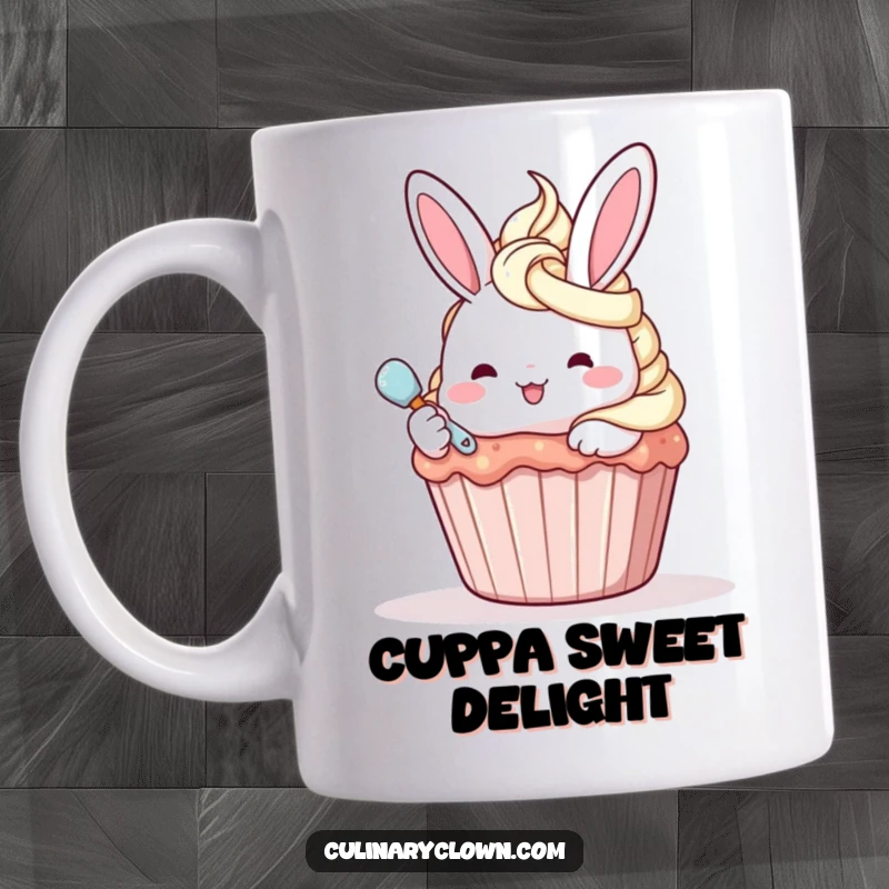 Funny kawaii bunny character happily frosting a giant cupcake with a spatula on a mug, embodying sweet delight.
