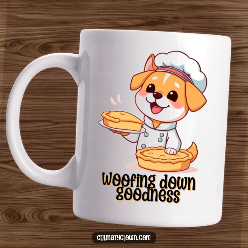 Funny Kawaii Dog Chef Mug: An excited dog wearing a chef hat proudly presents a perfectly baked pie.