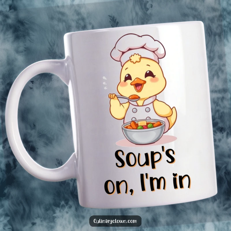 Funny Kawaii Duck Chef Mug: A cute duck chef with a chef hat is enthusiastically tasting a spoonful of steaming stew, eyes closed in delight.