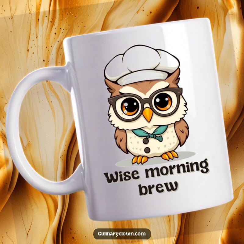 Funny Kawaii Owl Chef Mug: A cute, wise owl wearing chef hat and glasses perched on its beak, ready to cook smart.