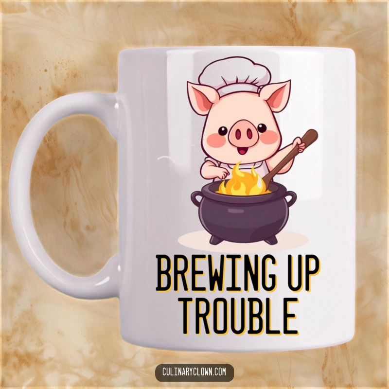 Funny kawaii pig chef in a chef hat enthusiastically stirring a large bubbling cauldron with a ladle on a mug.