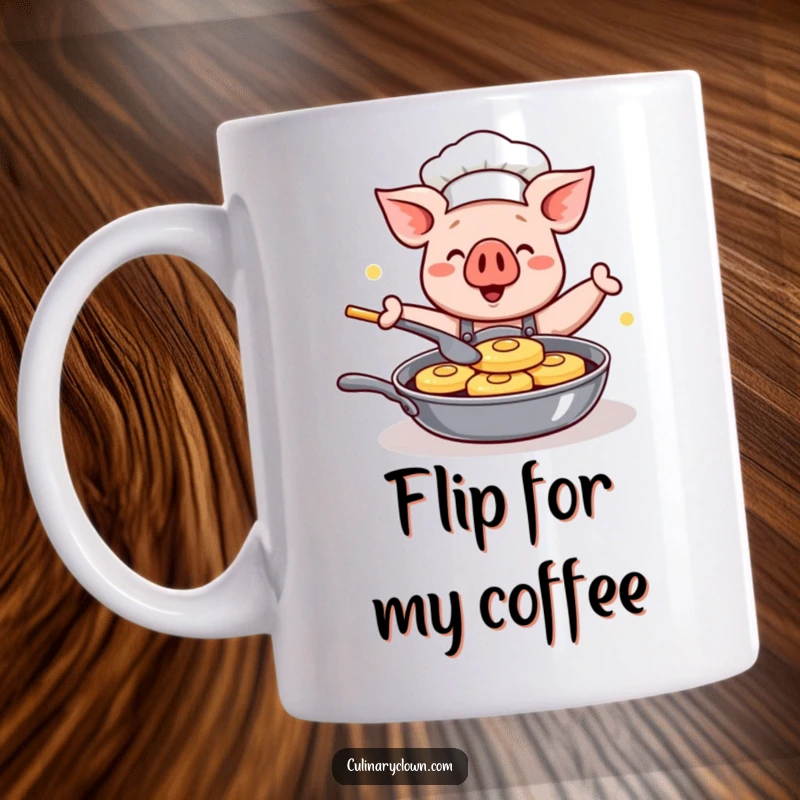 Funny Kawaii Pig Chef Mug: Cute cartoon pig chef happily flipping pancakes in a pan, a delightful kitchen companion.