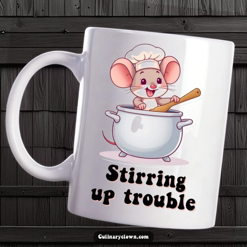 Funny Mouse Chef Mug: A tiny mouse chef enthusiastically stirs a huge pot, radiating joy and culinary passion, perfect for kitchen lovers.