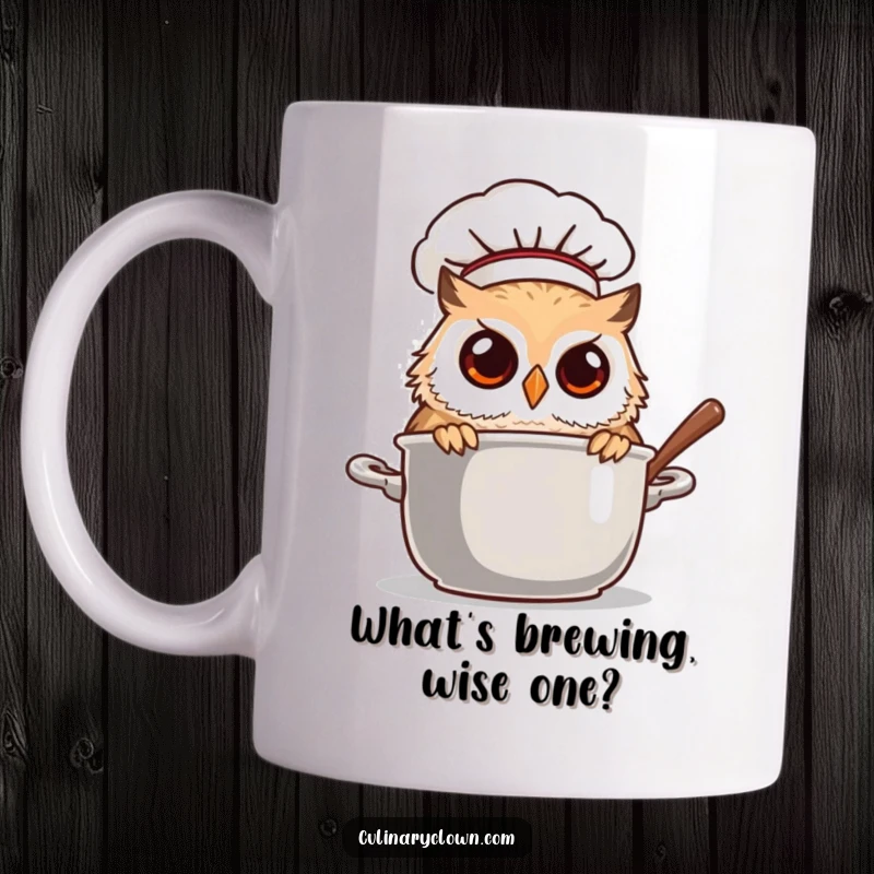 Funny owl chef with curious eyes peeking into a steaming pot, on a mug, inviting culinary exploration.