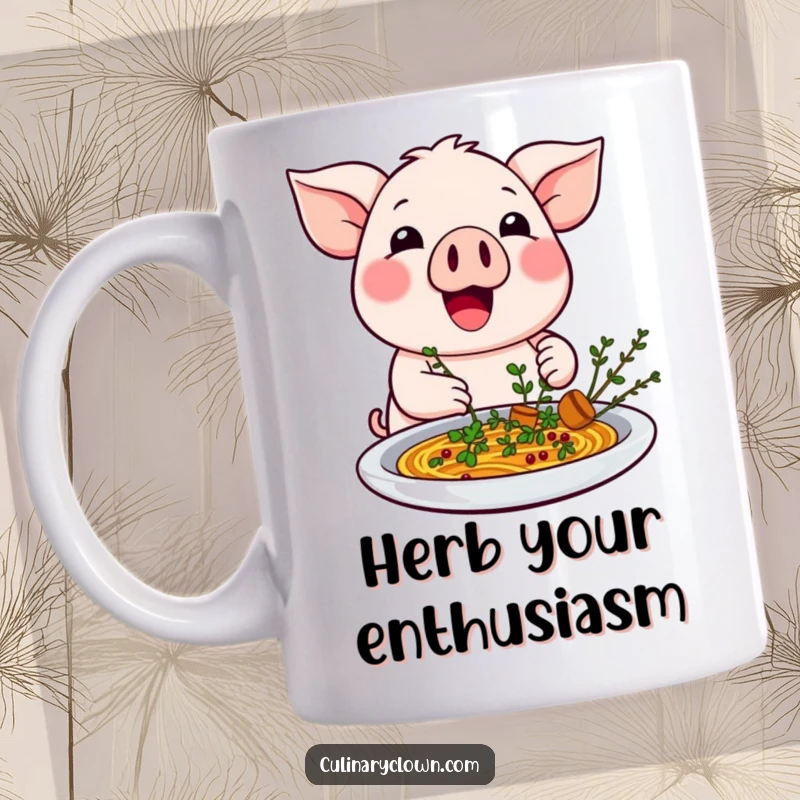 Funny kawaii pig character excitedly garnishing a dish with herbs on a mug, embodying culinary joy.