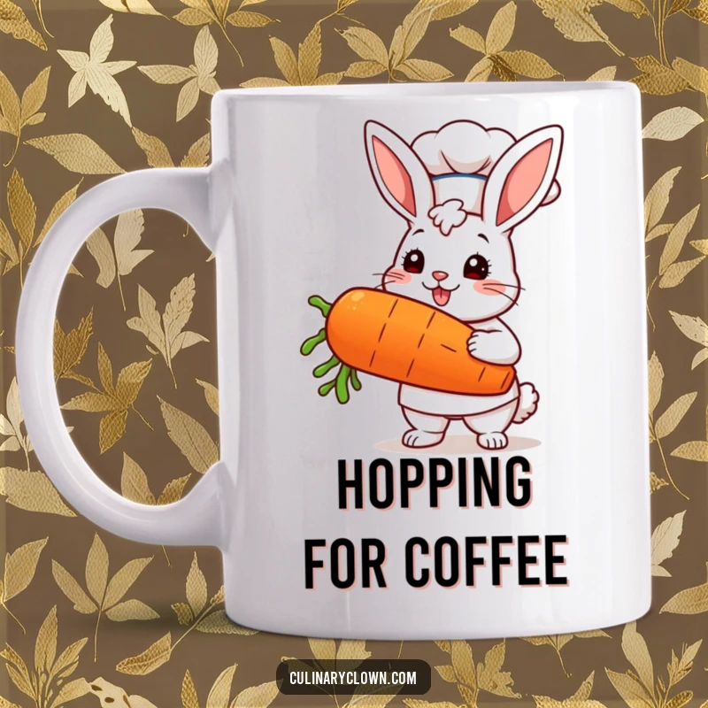 Funny kawaii bunny chef in a chef hat proudly holding an oversized carrot on a white background, featured on a mug.