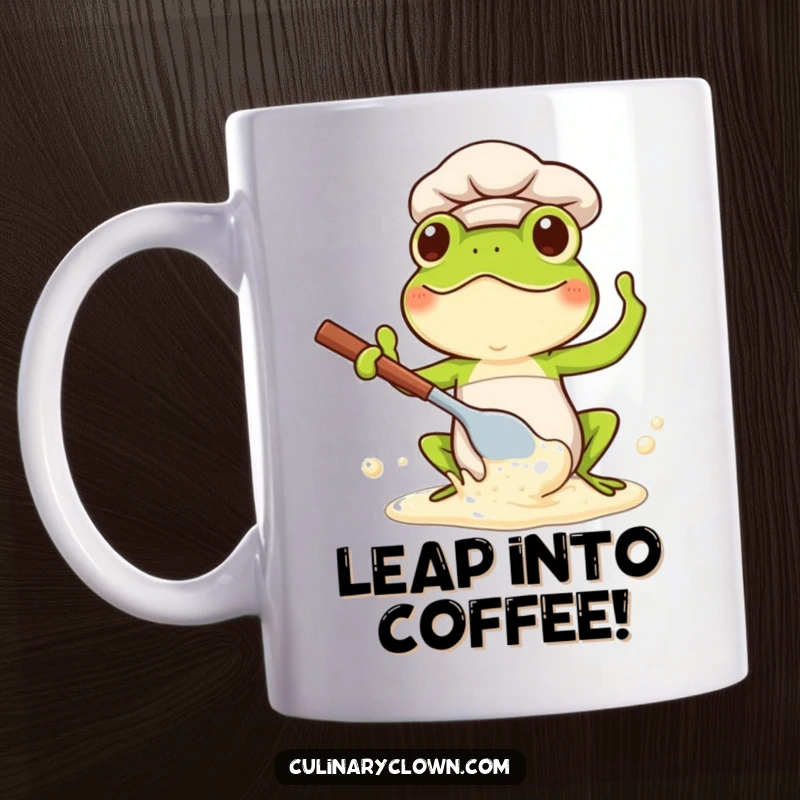 Funny Kawaii Frog Chef Mug: Cute frog chef gleefully splashing batter with a big spoon, creating kitchen fun.