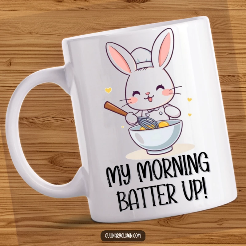 Funny Kawaii Rabbit Chef Mug: Cute cartoon bunny chef joyfully whisking ingredients in a bowl, ready for kitchen fun.