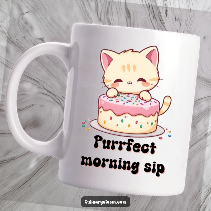 Funny mug featuring a playful cat character meticulously decorating a cake with colorful sprinkles, adding sweet fun.