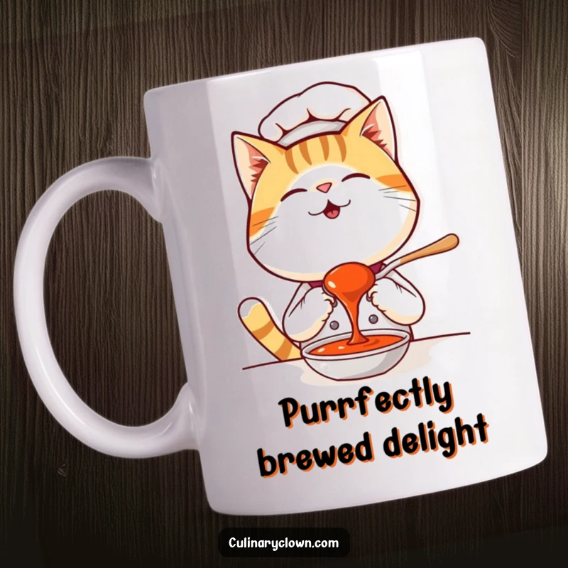 Funny Kawaii Cat Chef Mug: A giggling cat with a chef's hat tastes sauce, expressing pure culinary delight.