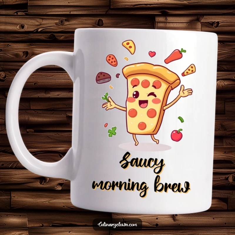 Funny Mug featuring a cheerful pizza slice character joyfully juggling various ingredients, celebrating deliciousness and fun.