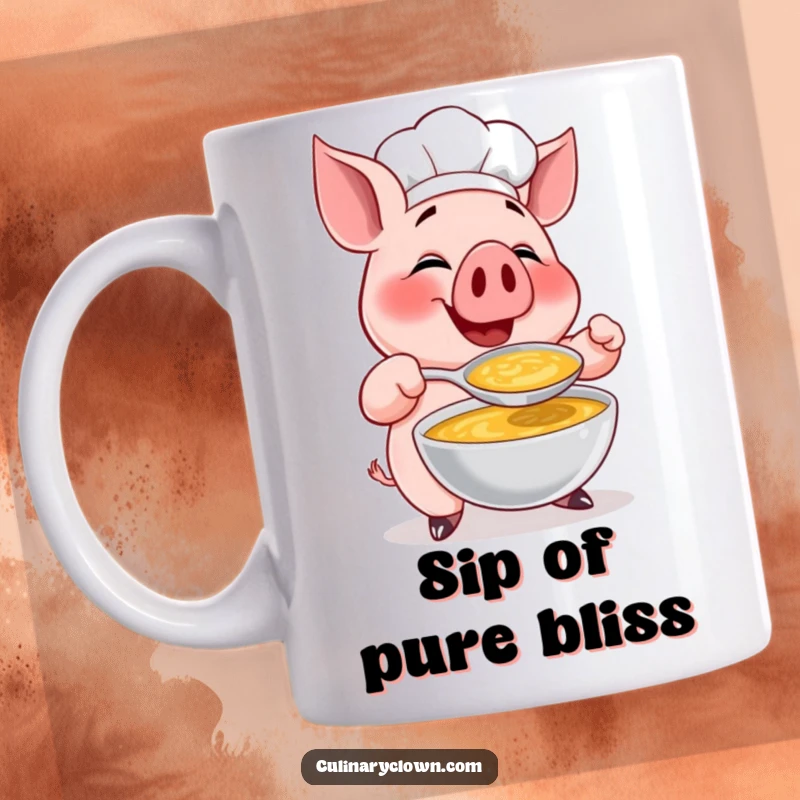 Funny mug featuring a happy pig chef character gleefully tasting a giant spoonful of soup with pure delight.