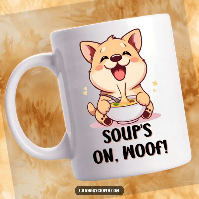 Funny mug featuring a delighted dog character joyfully and enthusiastically slurping a bowl of soup with gusto.