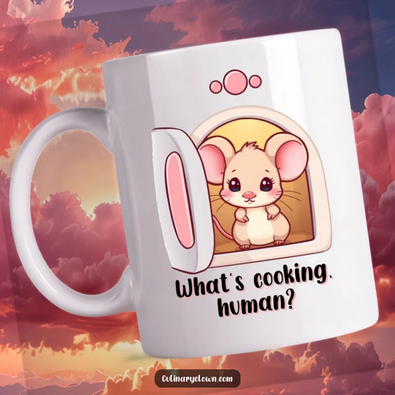 Funny mug featuring a small mouse character with wide, curious eyes peeking into an open oven.