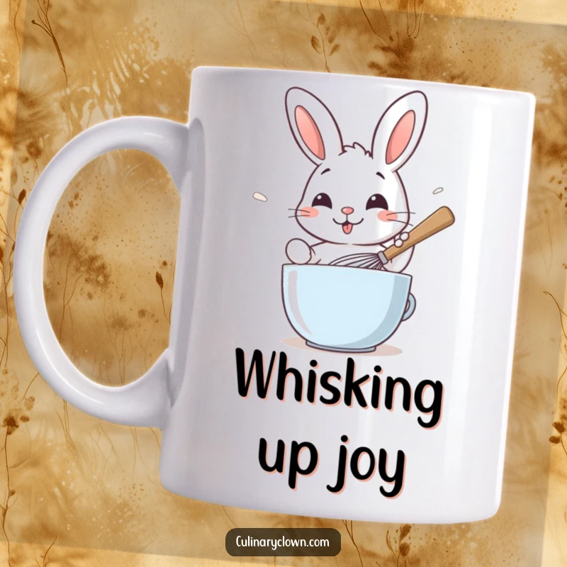 Funny mug featuring a smiling rabbit character energetically whisking batter with a comically large spoon, ready to bake.