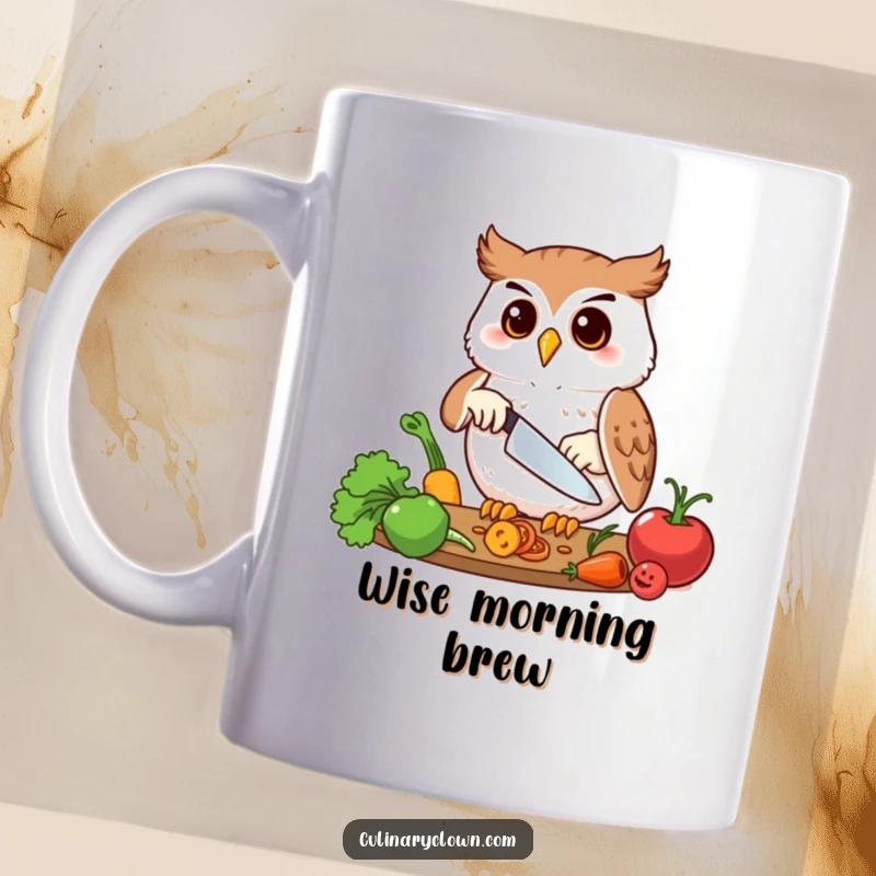 Funny mug featuring a happy owl character precisely chopping vegetables with sharp focus, celebrating culinary skills.