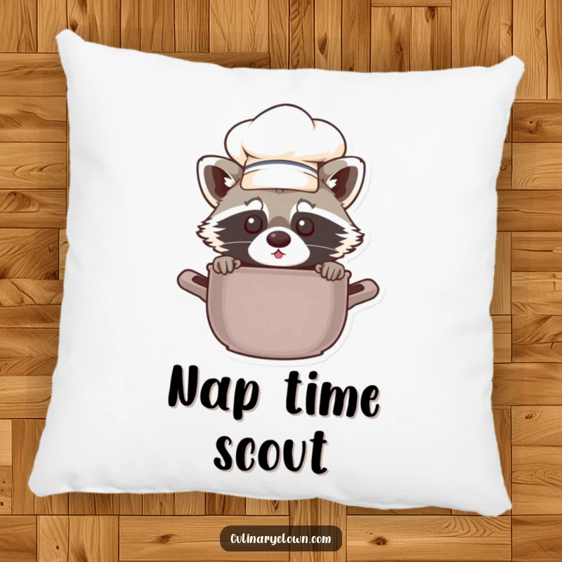 Funny chef raccoon peeking from a plush pillow, a humorous and cozy accent for sofas or beds.