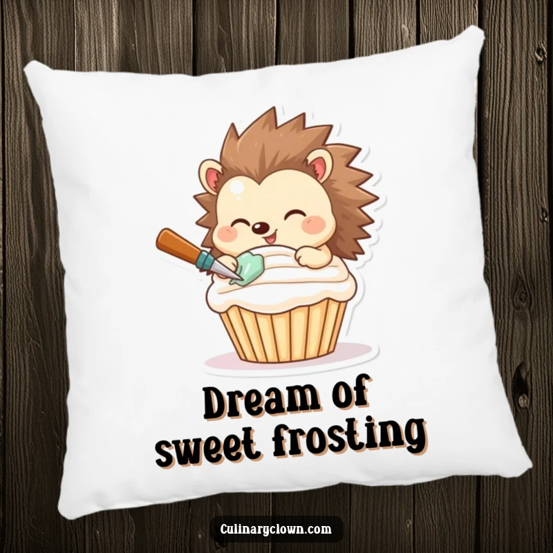 Funny pillow featuring a smiling hedgehog expertly frosting a cupcake, adding a touch of sweetness and humor.