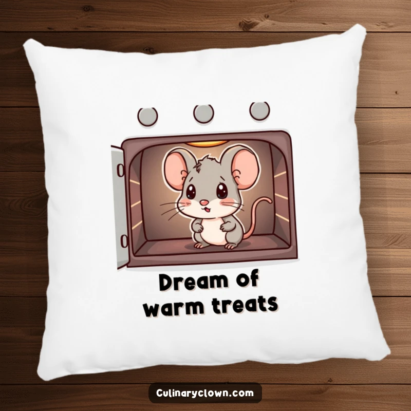 Funny pillow featuring a mouse character curiously peeking into an oven, symbolizing the joy of baking.
