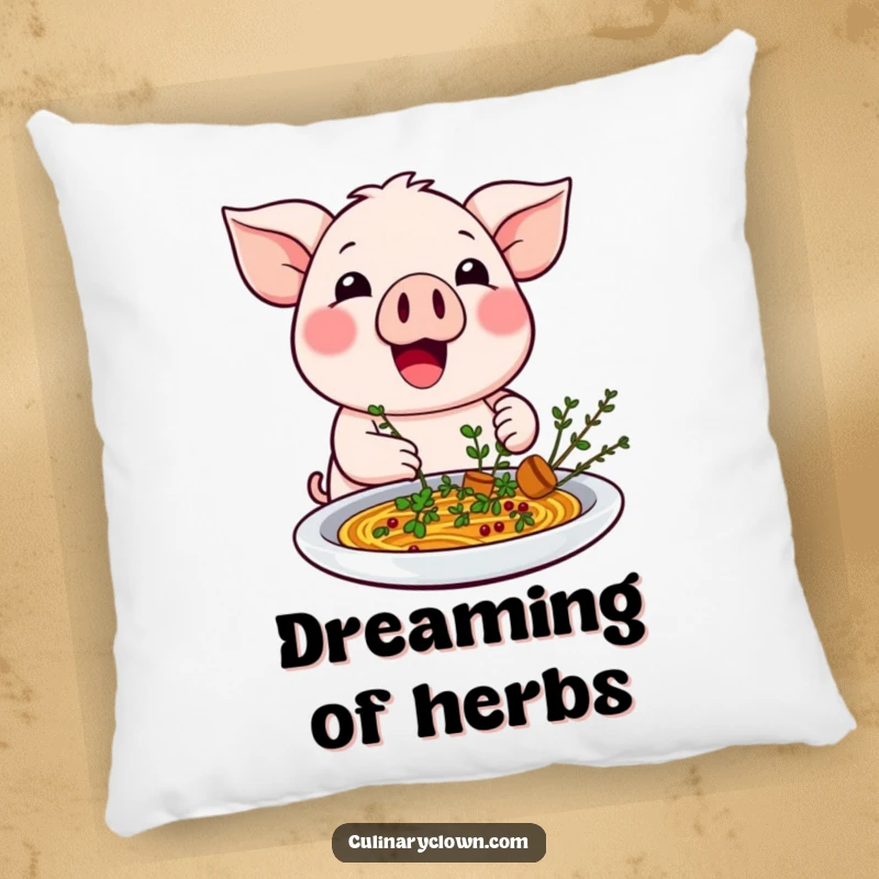 Funny kawaii pig character garnishing a dish with herbs on a soft pillow, offering cozy comfort.