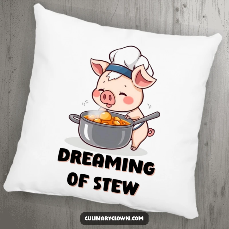 Funny Kawaii Pig Chef Pillow: Cute pig chef happily sniffing stew, bringing cozy kitchen vibes.
