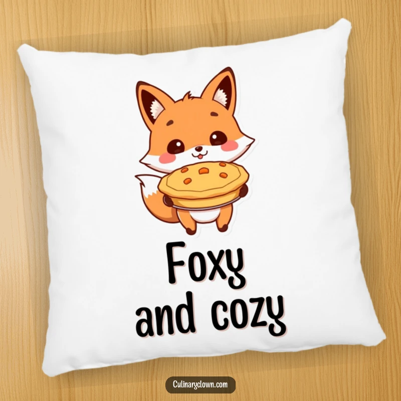 Funny pillow featuring a cheerful fox character proudly presenting a baked pie, perfect for a cozy, inviting space.