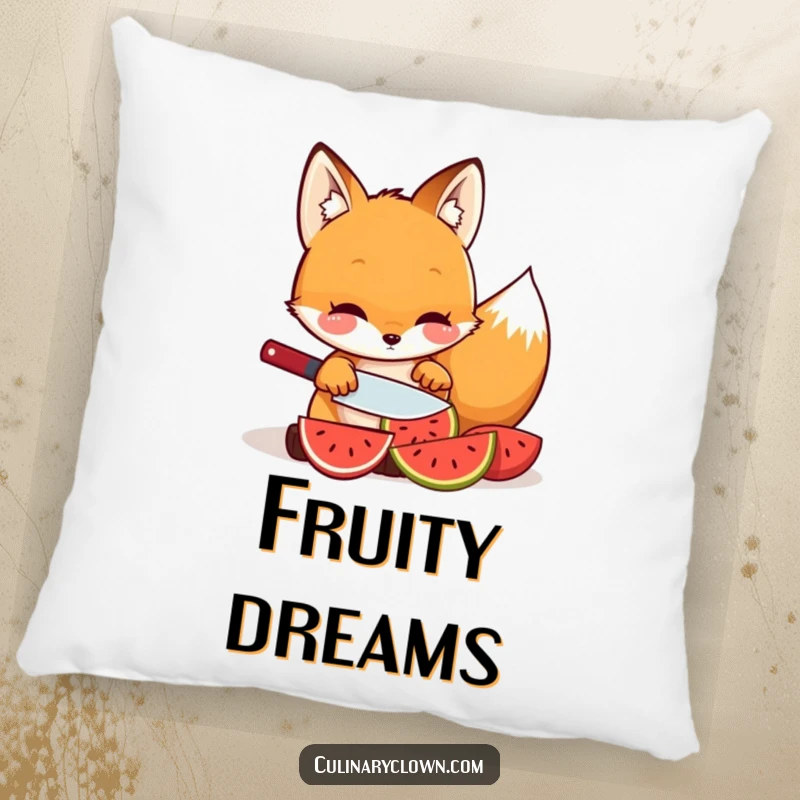Funny kawaii fox character slicing fruit with care on a soft pillow, offering cozy comfort.